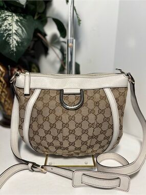 Gucci Brown Monogram Crossbody Bag with White Leather Trim
